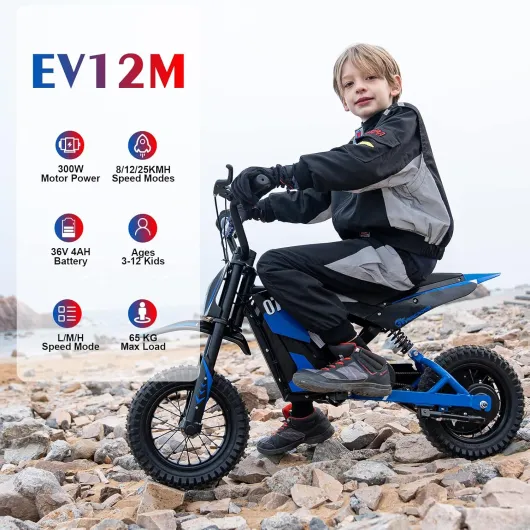 EV12M Motocross Électrique pour Enfants, Moto Électrique avec Moteur 300W, Modes de Vitesse de 3, Autonomie de 15KM, Pneu Pneumatique de 12'', pour Taille 110cm et Plus Bleu EV12M