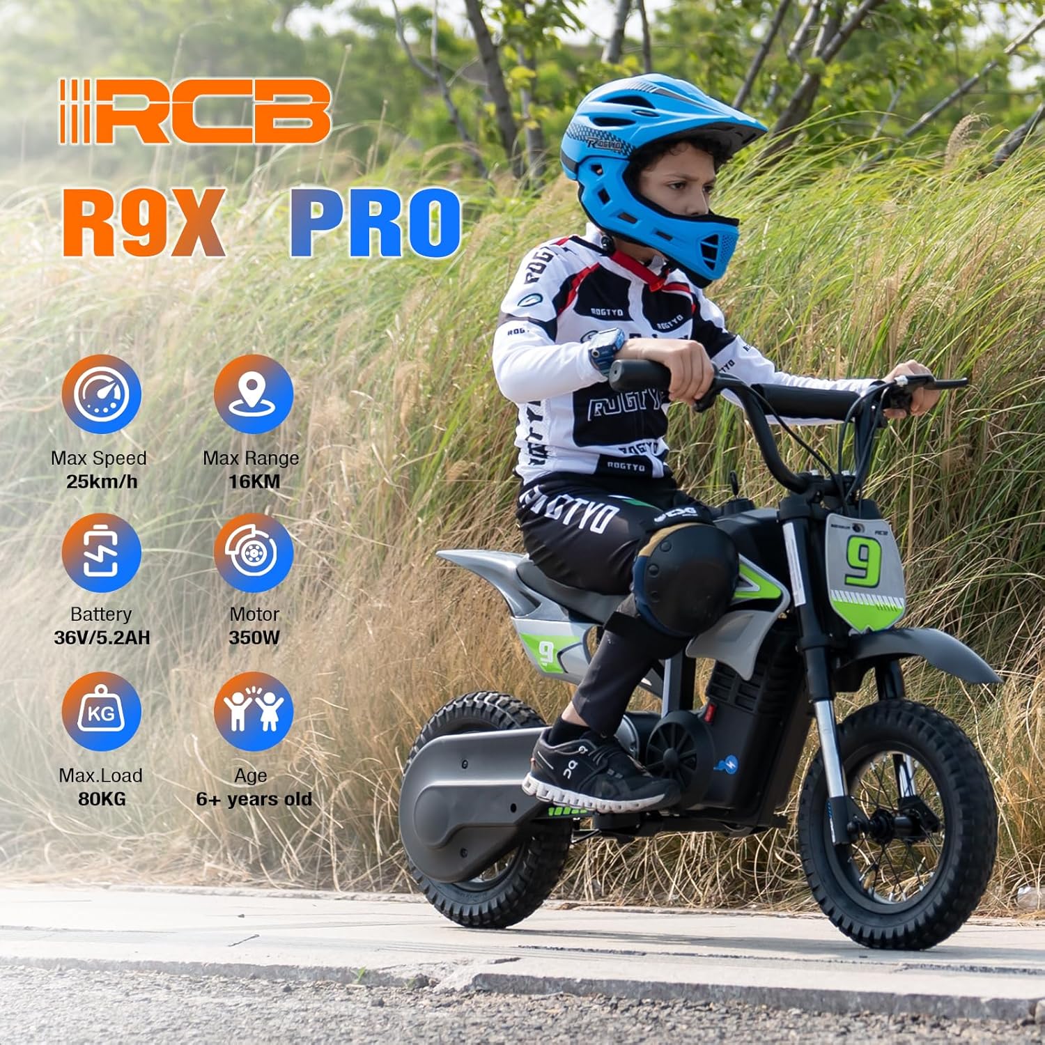 R9X Pro Moto Électrique pour Enfants avec Moteur 350W, Modes de Vitesse 10/15/25 km/h & Autonomie de 16 KM, Lamps d'ambiance, Suspension Double, 12" Moto Cross pour Enfants de 6+ Vert