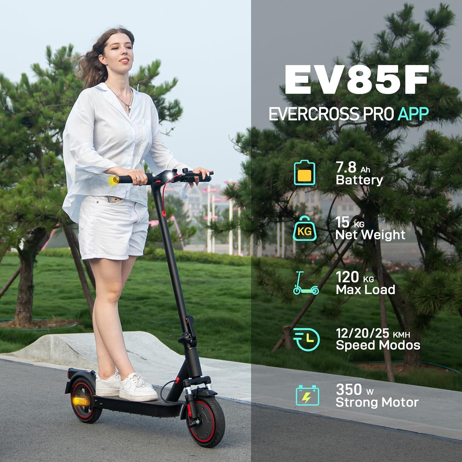 EV85F Trottinettes Électriques Adultes, 8,5" E Scooter Pliable - Application, Moteur 350W, Batterie 7,8AH, Poids 15KG, Charge Max 120KG, Double Frein, Amortisseurs