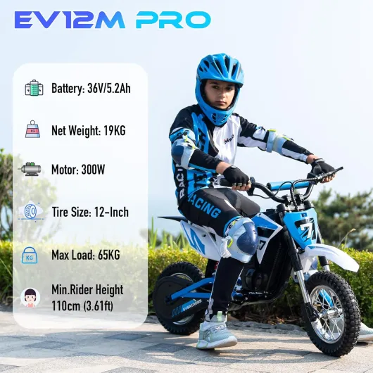EV12M Pro Moto Electrique Enfants, Moteur 300W, 3 Modes de Vitesse, Autonomie 18 KM, Pneu Pneumatique 12'', Musique Bluetooth, Lumières Colorées, Moto Cross pour Taille 110cm et Plus Bleu EV12M PRO