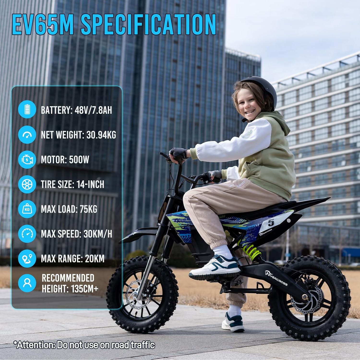 EV65M Moto Électrique, Motocross Électrique avec Moteur 500W, 48V 7.8Ah Moto de Cross Électrique, 3 Modes de Vitesse 10/20/30 KMH, Autonomie 20 KM, Pneu Pneumatique 14''