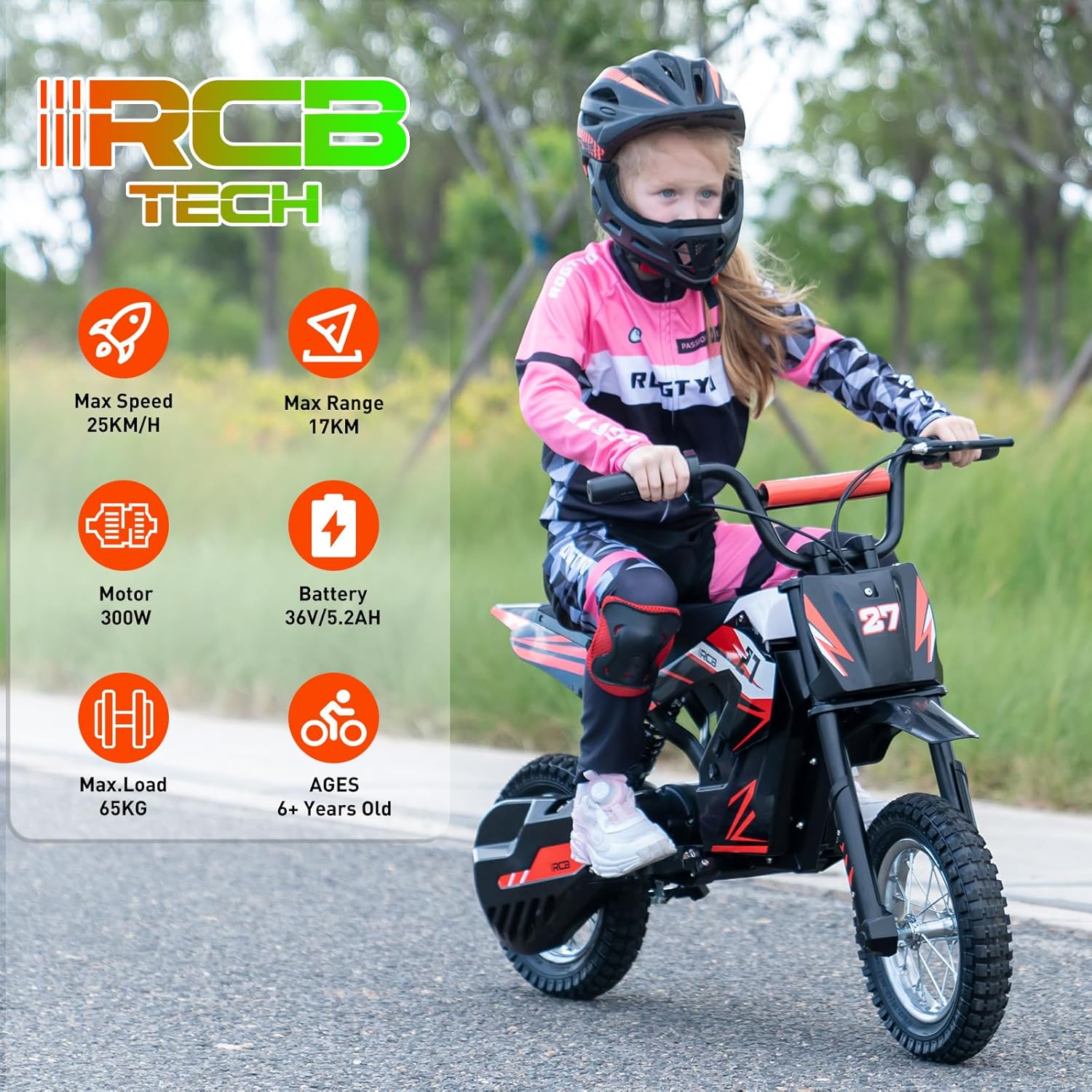 RCB TECH R9X Moto Électrique Enfants, Moteur performant, 3 Modes de Vitesse, Max 25km/h, autonomie Max 17KM, pneus pneumatiques 12 Pouces, vélo Moto Cross pour Enfants âgés de 6+ Ans Noir-rouge