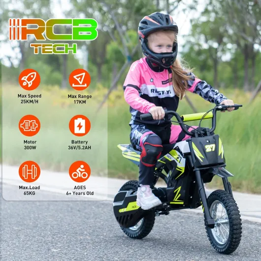 RCB TECH R9X Moto Électrique Enfants, Moteur performant, 3 Modes de Vitesse, Max 25km/h, autonomie Max 17KM, pneus pneumatiques 12 Pouces, vélo Moto Cross pour Enfants âgés de 6+ Ans Noir-vert