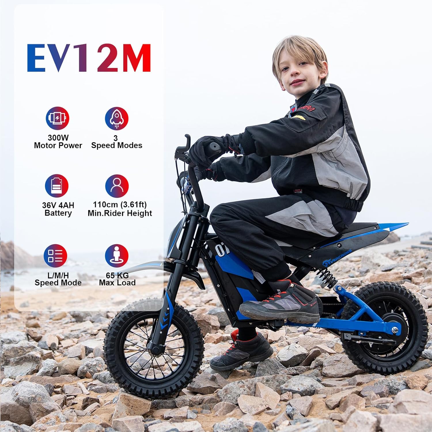 EV12M Motocross Électrique pour Enfants, Moto Électrique avec Moteur 300W, Modes de Vitesse de 3, Autonomie de 15KM, Pneu Pneumatique de 12'', pour Taille 110cm et Plus Bleu EV12M