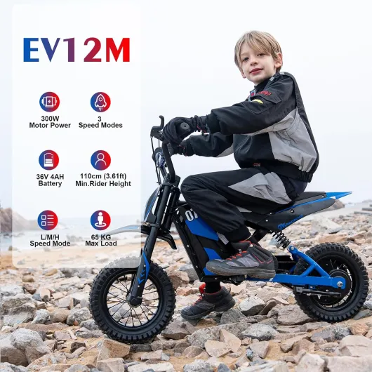 EV12M Motocross Électrique pour Enfants, Moto Électrique avec Moteur 300W, Modes de Vitesse de 3, Autonomie de 15KM, Pneu Pneumatique de 12'', pour Taille 110cm et Plus Bleu EV12M