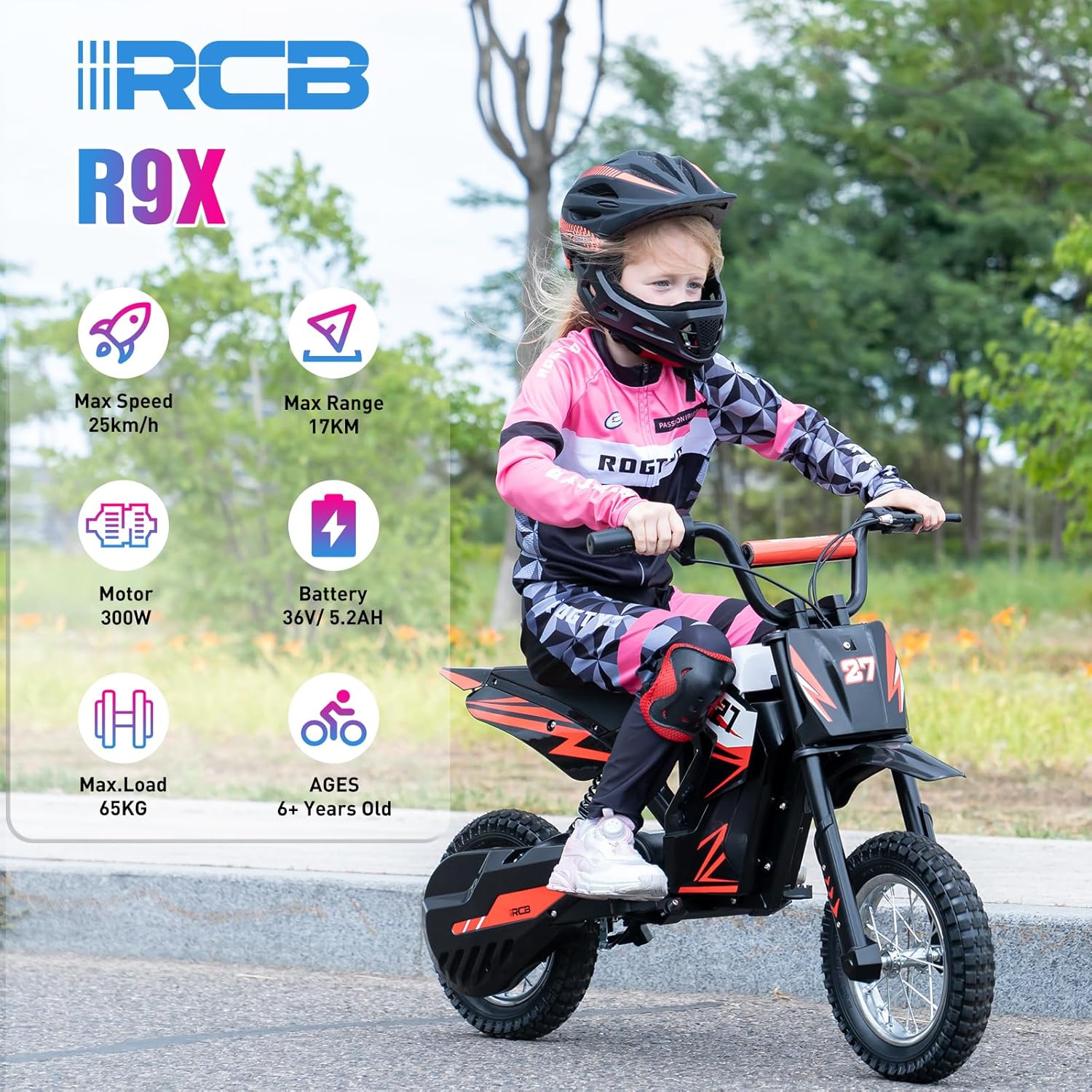R9X Moto Électrique Enfants, pneus pneumatiques 12 Pouces,Moteur performant, 3 Modes 8/12/25KMH, autonomie Max 17KM,Batterie 36V/5.2 Ah, vélo Moto Cross pour Enfants Noir Rouge