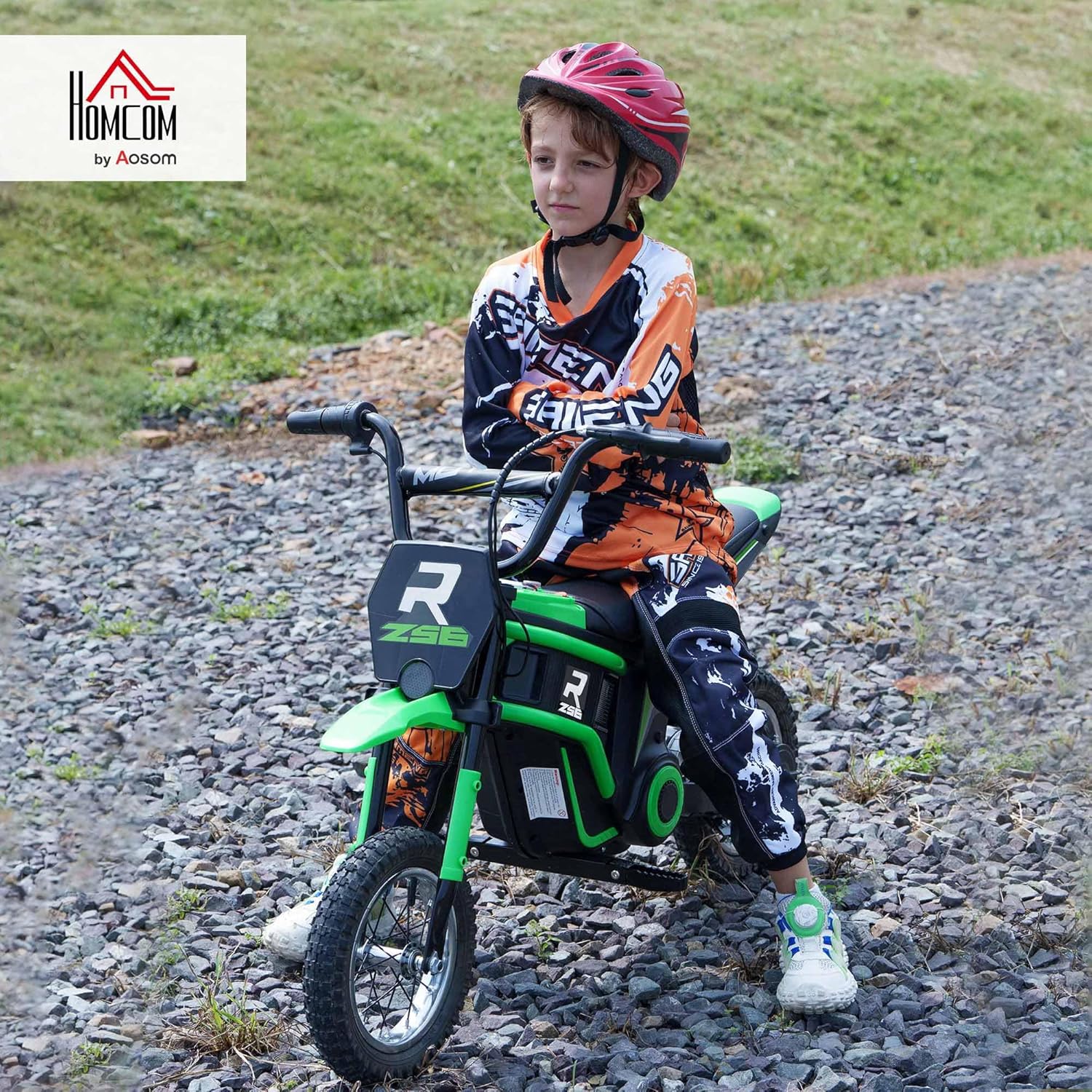 Moto Cross électrique Enfant 350 W, Batterie 12V, Moto électrique Enfants, Vitesse 8-16 km/h, pneus gonflables 12'', Amortisseur arrière, klaxon & Musique, adapté aux Enfants 8-12 Ans, Vert