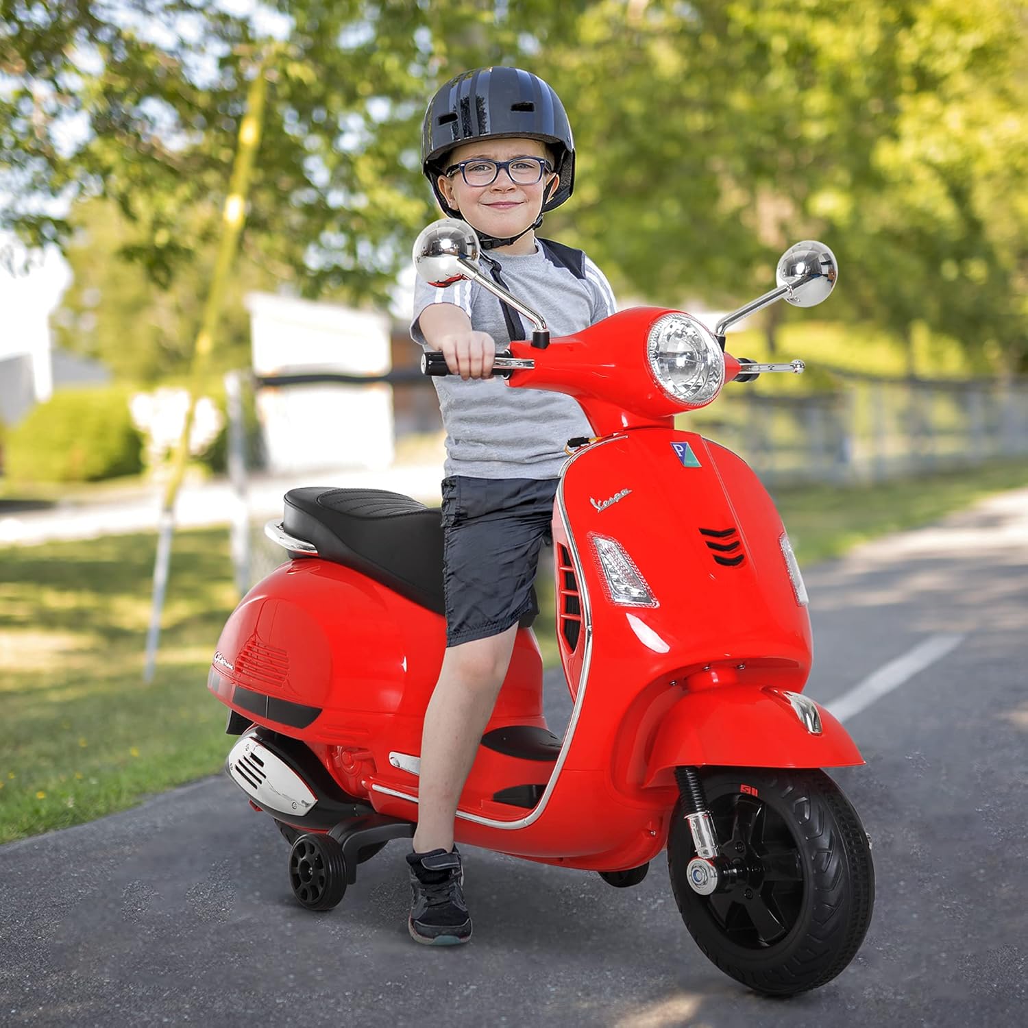 Vespa Scooter Moto électrique Enfants 6 V dim - 102L x 51l x 76H cm Musique MP3 Port USB klaxon Phare feu AR Rouge