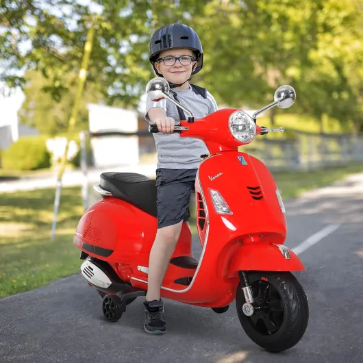 Vespa Scooter Moto électrique Enfants 6 V dim - 102L x 51l x 76H cm Musique MP3 Port USB klaxon Phare feu AR Rouge