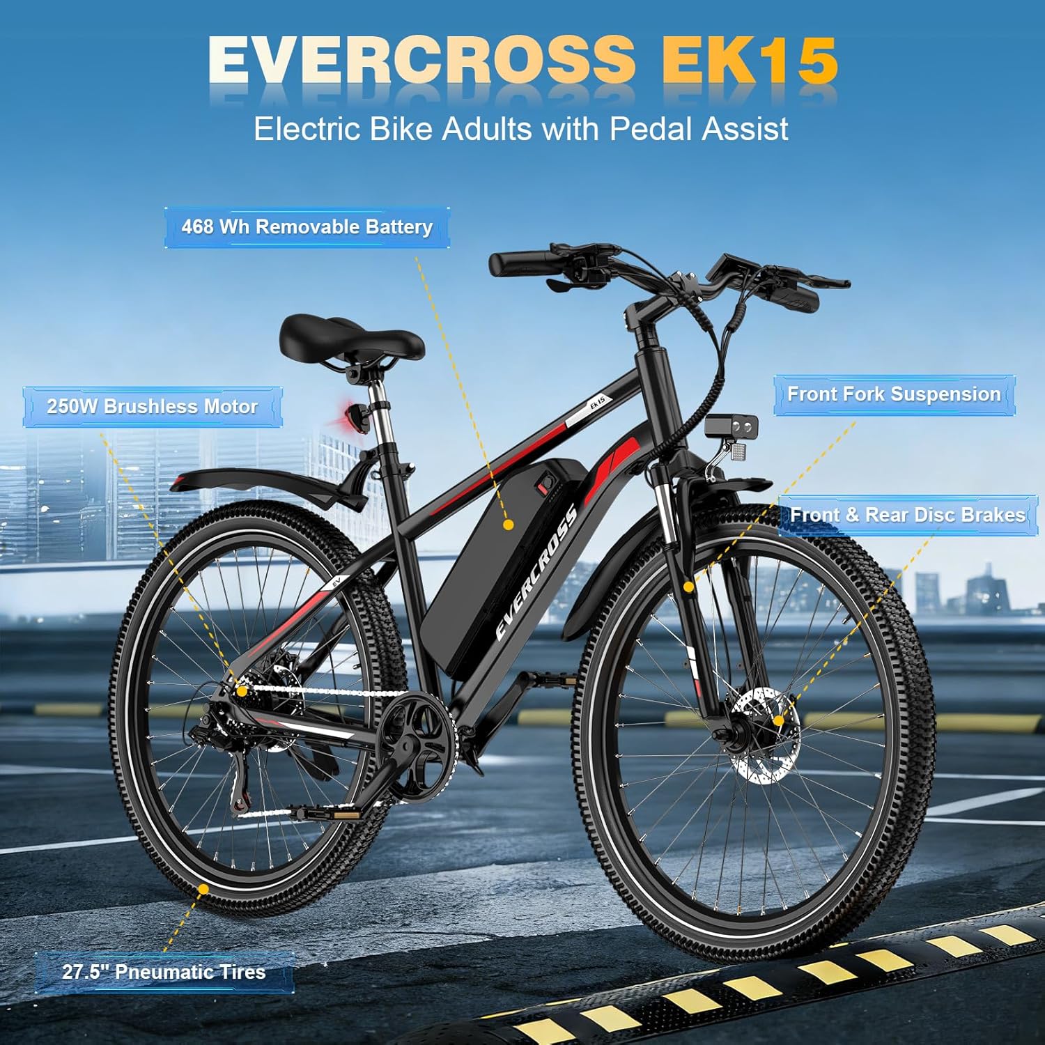 EK15 Vélo électrique pour Adultes, VTT Electrique 27,5'' avec Pédalage - Application, Moteur 250W, Batterie 36V 13Ah, 15/20/25 KM/H, 7-S Vitesses, Vélos Electriques Urbains pour Unisexe Noir-Rouge