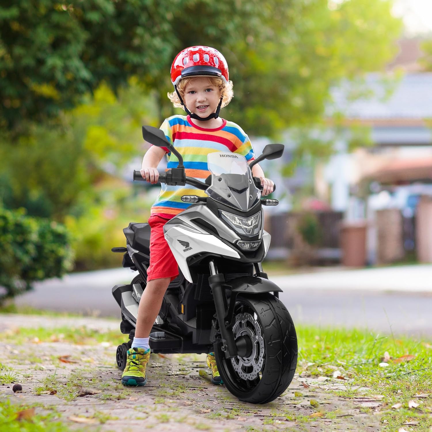 Moto électrique pour Enfants Moto Porteur Honda pour Enfants 3 à 6 Ans avec Musique, phares - Voiture électrique avec 2 Roues d'entraînement - dim - 107L x 46l x 75H cm Blanc