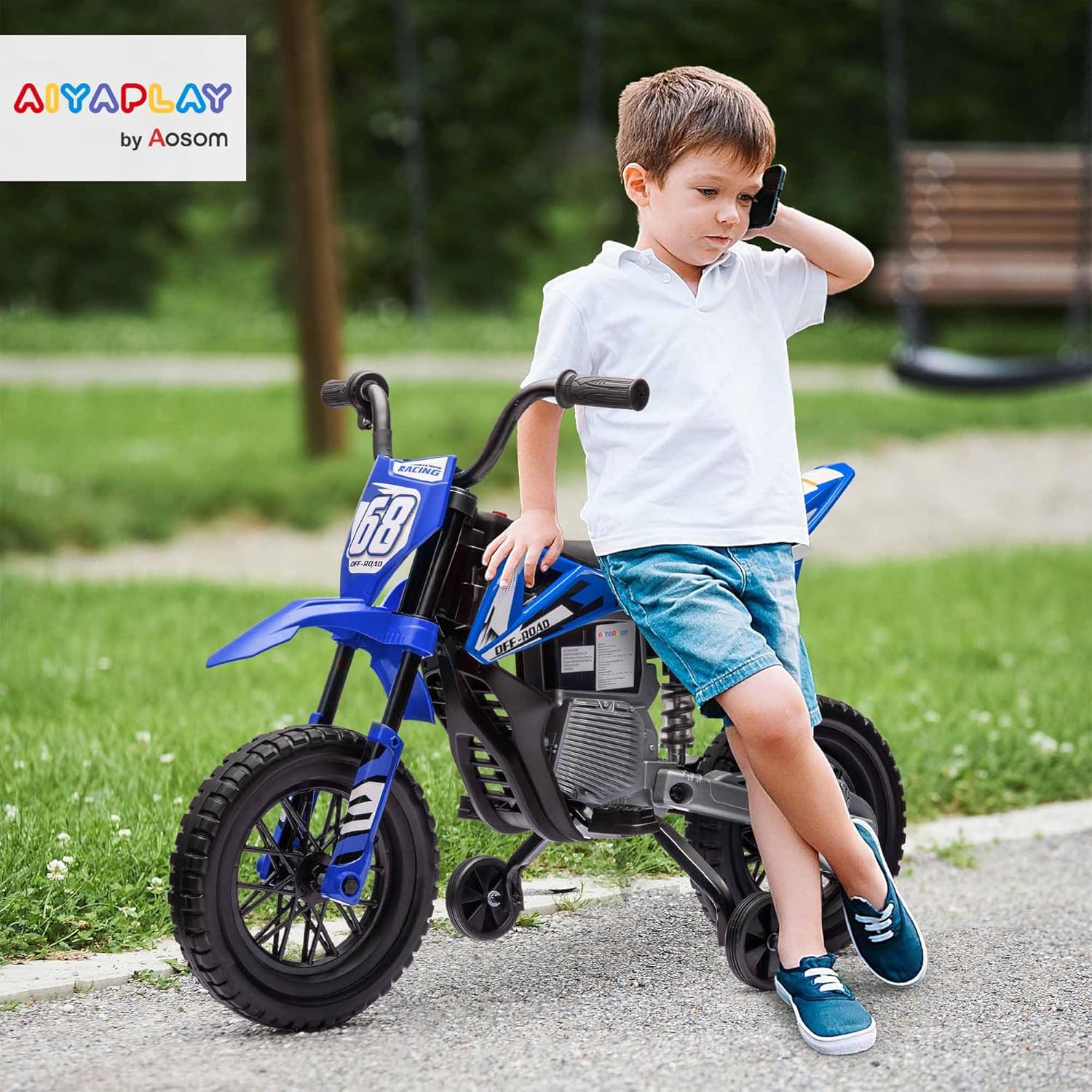 Moto électrique Enfants, Moto Cross pour Enfants, 2 Moteurs 12V Puissant, Vitesse Max - 5 km/h, Roues d'entraînement, système de Suspension, Musique, pour 3 à 6 Ans, Bleu