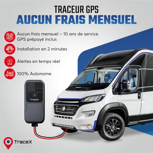 Traceur GPS sans abonnement mensuel – Pas besoin de recharge – Application et abonnement 10 ans inclus – Tracker GPS voitures, motos, camping-car, vans – Suivi en temps réel, alertes de mouvement