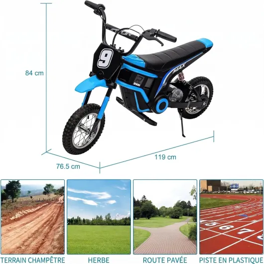 Garvee Moto Électrique pour Enfants avec 2 Moteurs 12V 250W, Moto Cross Électrique Tout Terrain à 3 Vitesses 8/12/23 km/h avec Roues Antidérapantes et Suspension Arrière, pour Enfants 14+ Ans, Bleu Bleu No - 9