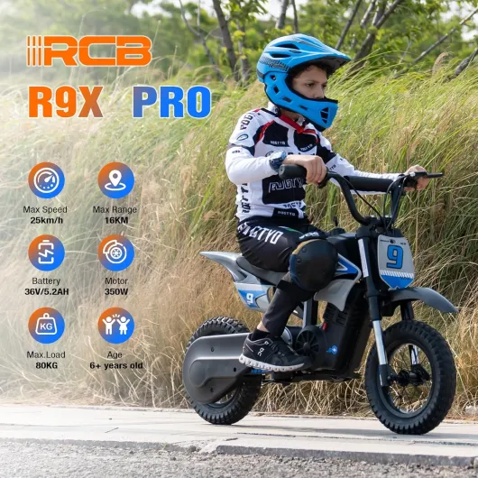 R9X Pro Moto Électrique pour Enfants avec Moteur 350W, Modes de Vitesse 10/15/25 km/h & Autonomie de 16 KM, Lamps d'ambiance, Suspension Double, 12" Moto Cross pour Enfants de 6+ Bleu