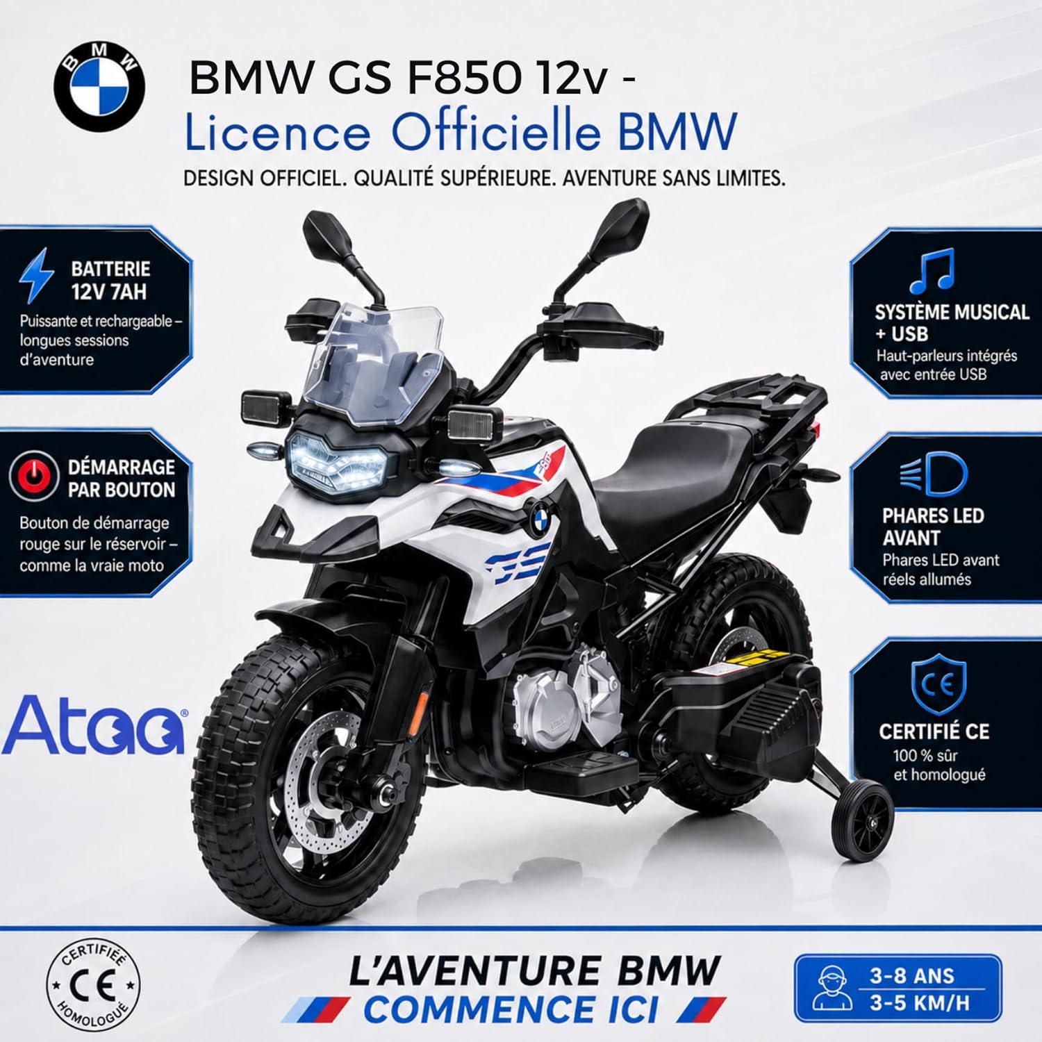 Moto électrique pour Enfant BMW GS F850 12v Blanche – avec LED et Musique