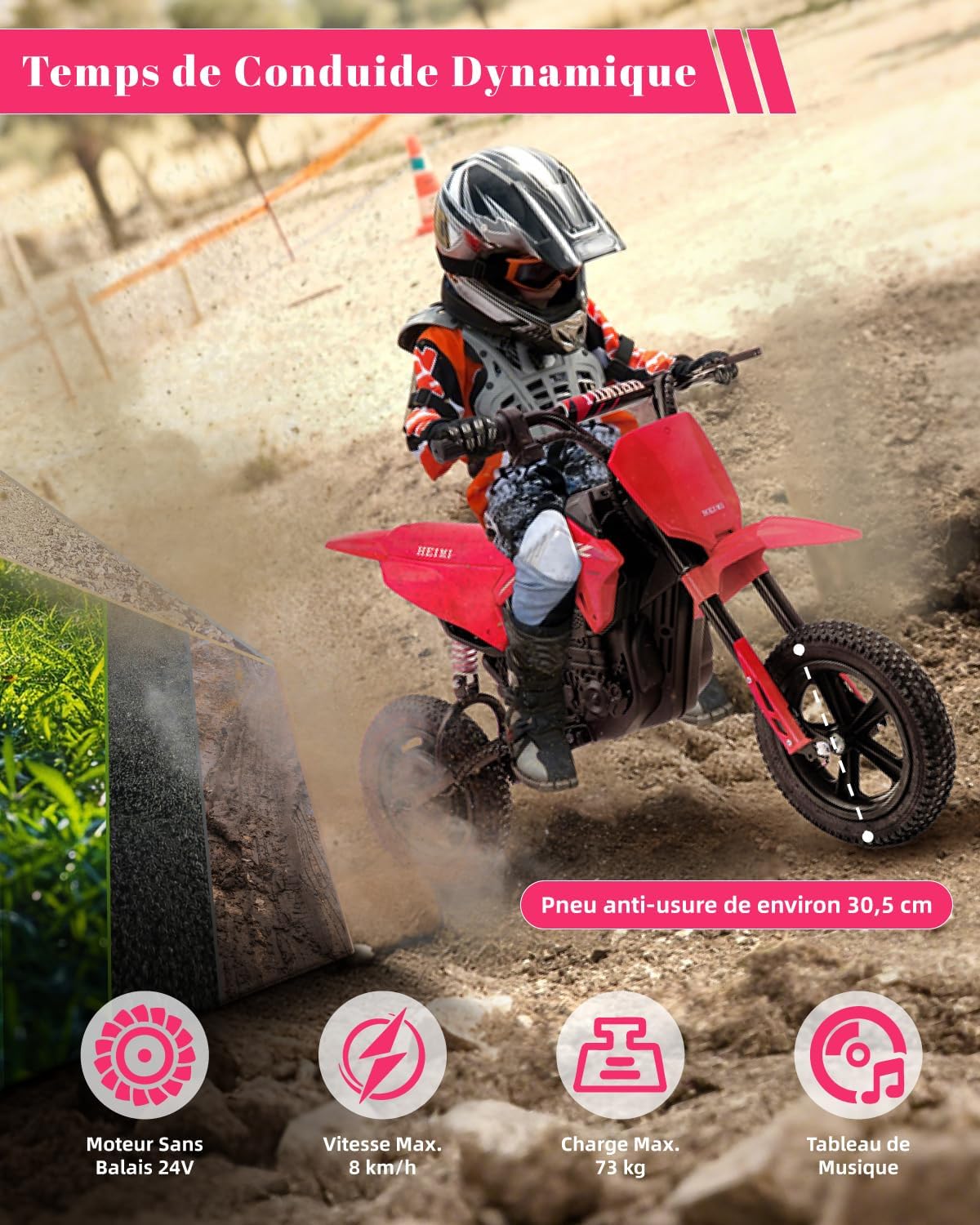 �​TCARAIWEN Moto Tout-Terrain Électrique, Moto à Batterie 24V, Moteur BLDC, Max - 16 km/h & 73 kg, pour 5-6 Ans, Rouge