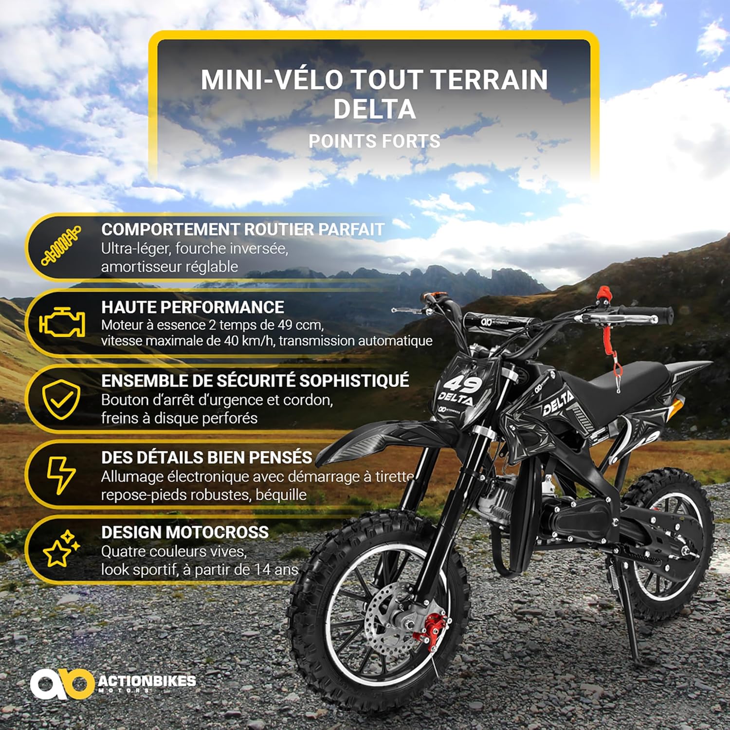 Actionbikes Motors Mini Delta 49 cc Moto-cross pour enfants - Freins à disque - Filtre à air sport - Échappement sport - Pneus à air - Pocket Bike - Moto - Motocross - Dirt Bike - Dirtbike (Bleu)