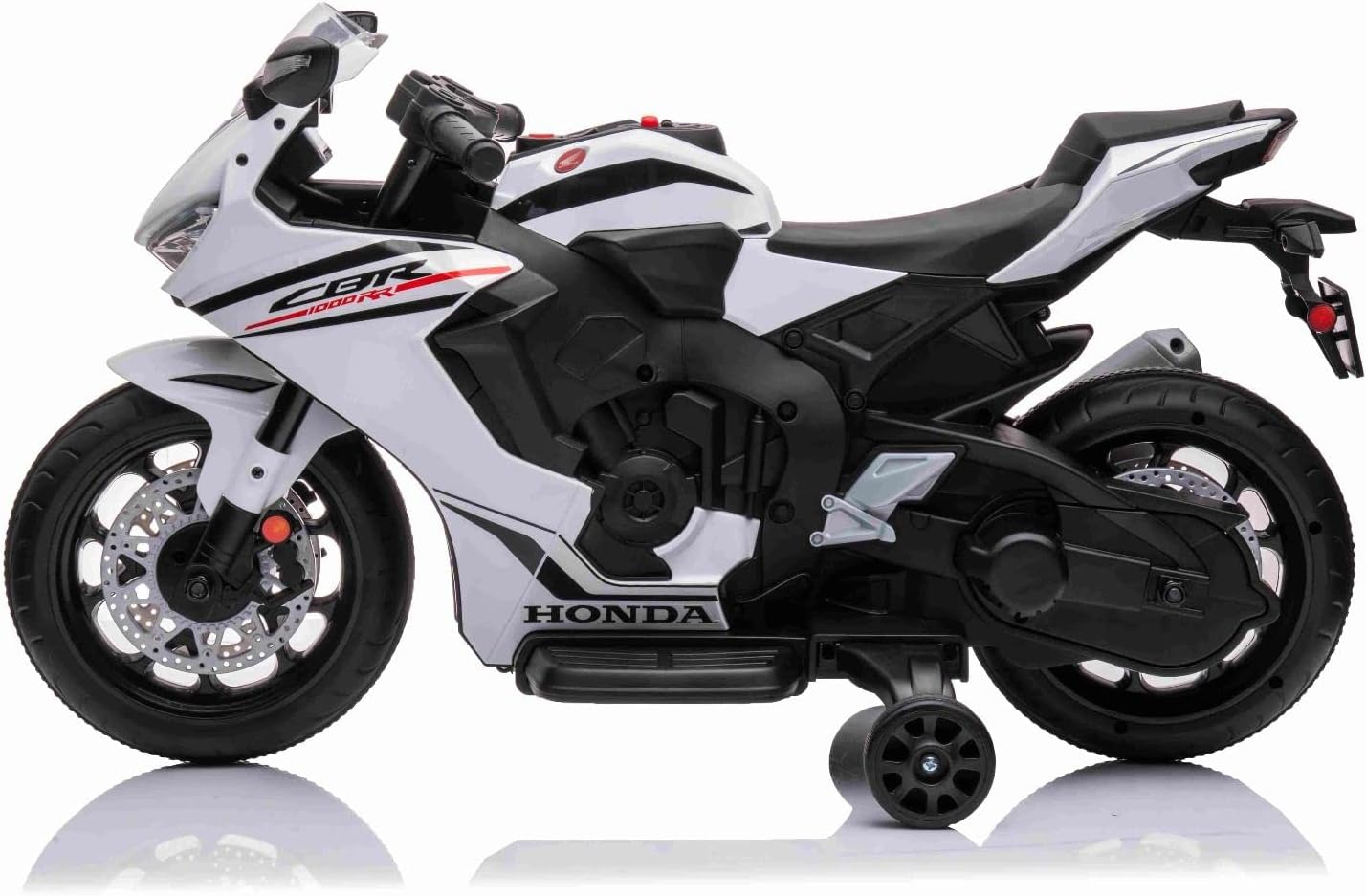 Moto Electrique Enfants 3-6 Ans 12V 1000RR, sous Licence, Batterie 12V, siège en Similicuir, Roues en Plastique, Moteur 30W, Feux à LED, châssis Massif, Roues auxiliaires, Blanc