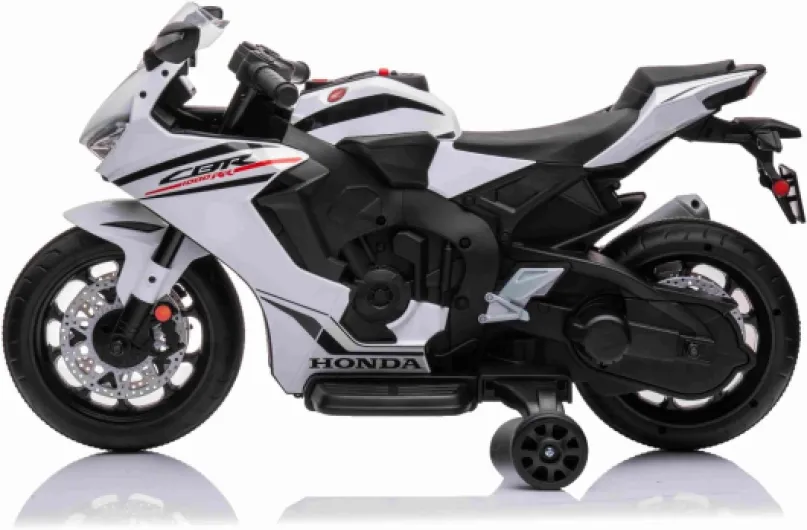 Moto Electrique Enfants 3-6 Ans 12V 1000RR, sous Licence, Batterie 12V, siège en Similicuir, Roues en Plastique, Moteur 30W, Feux à LED, châssis Massif, Roues auxiliaires, Blanc