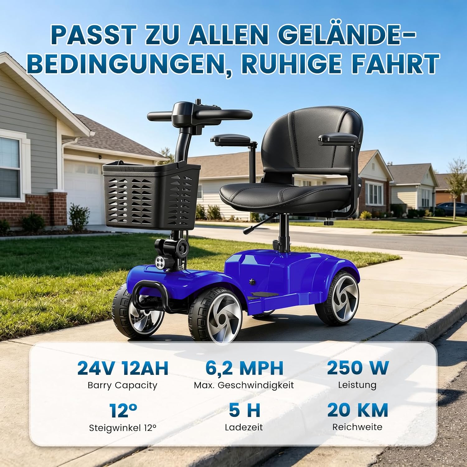 Seniorenmobil - Scooter électrique pliable à 4 roues - Pour personnes âgées et adultes - Batterie 12 Ah - Portée de 20 km - Avec siège et panier - Jusqu'à 150 kg - Pour les voyages, la vie quotidienne